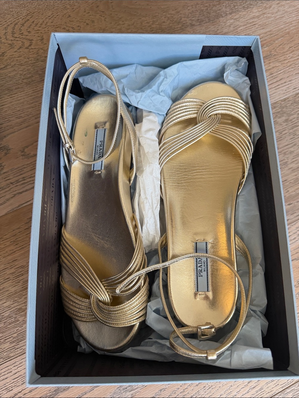 Prada Metallic Gold Knotted Strap Slingback Sandals